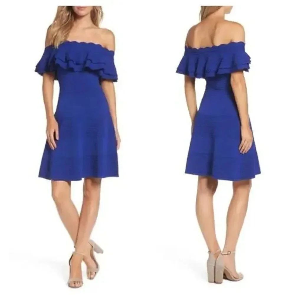 🌹 ELIZA J  🌹Off the Shoulder Fit & Flare Dress - [Small in Blue]